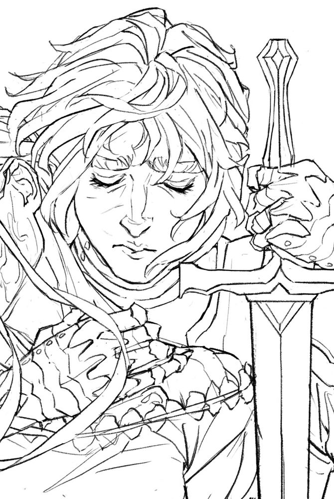 Wip of genderbent Jayce in medieval armor, with a sword in left hand and cuddling Viktor on her right