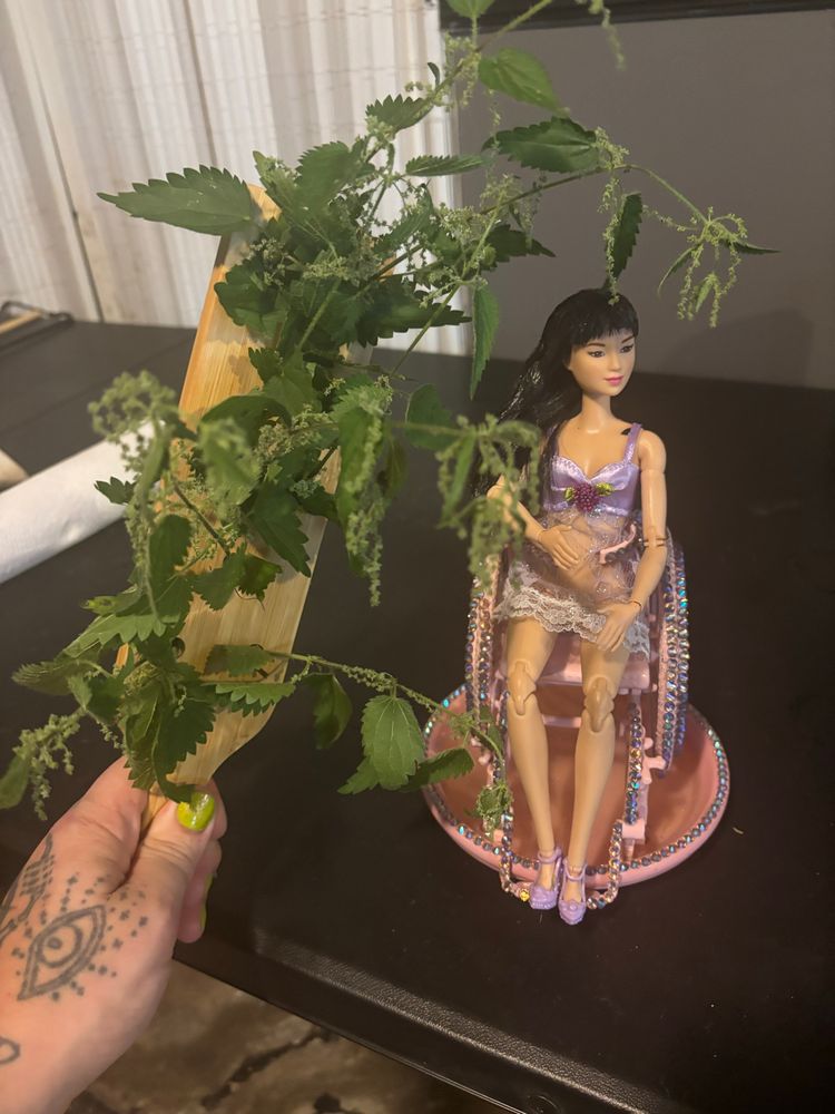 A paddle with stinging nettles poked through the holes in the wood, a Barbie version of Pony sits on a table in the background 