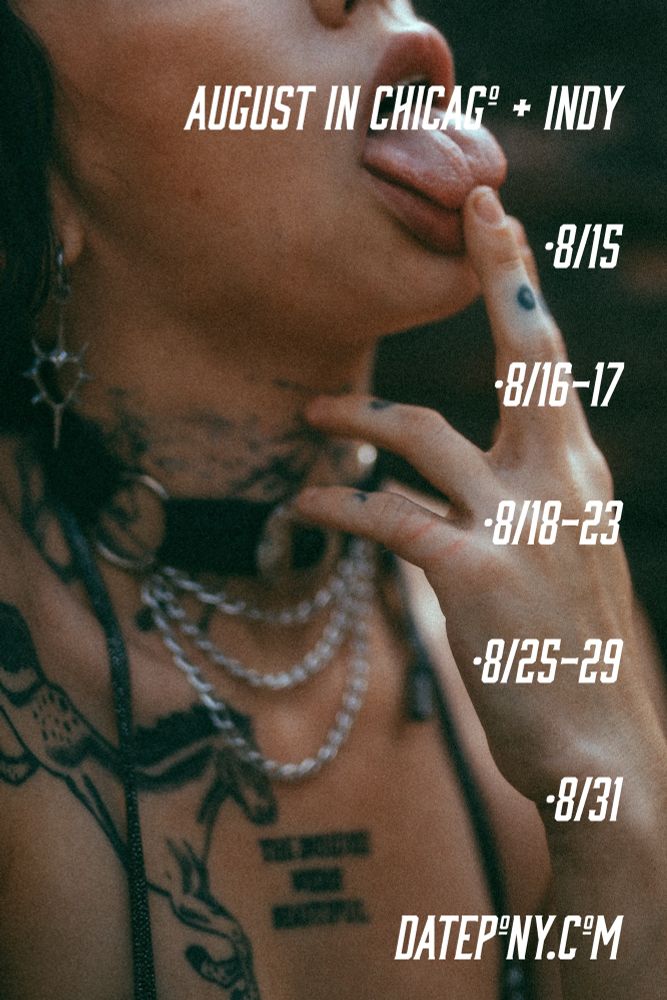 Pony’s August schedule of availability in Chicago and Northern Indiana. Her website is datepony.com