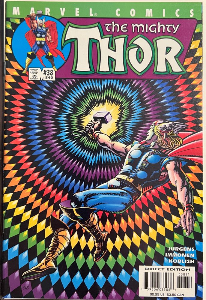 Thor Vol. 2 #38. Thor floats in midair, concentric dimomd patterns of rainbow light emanating from his hammer