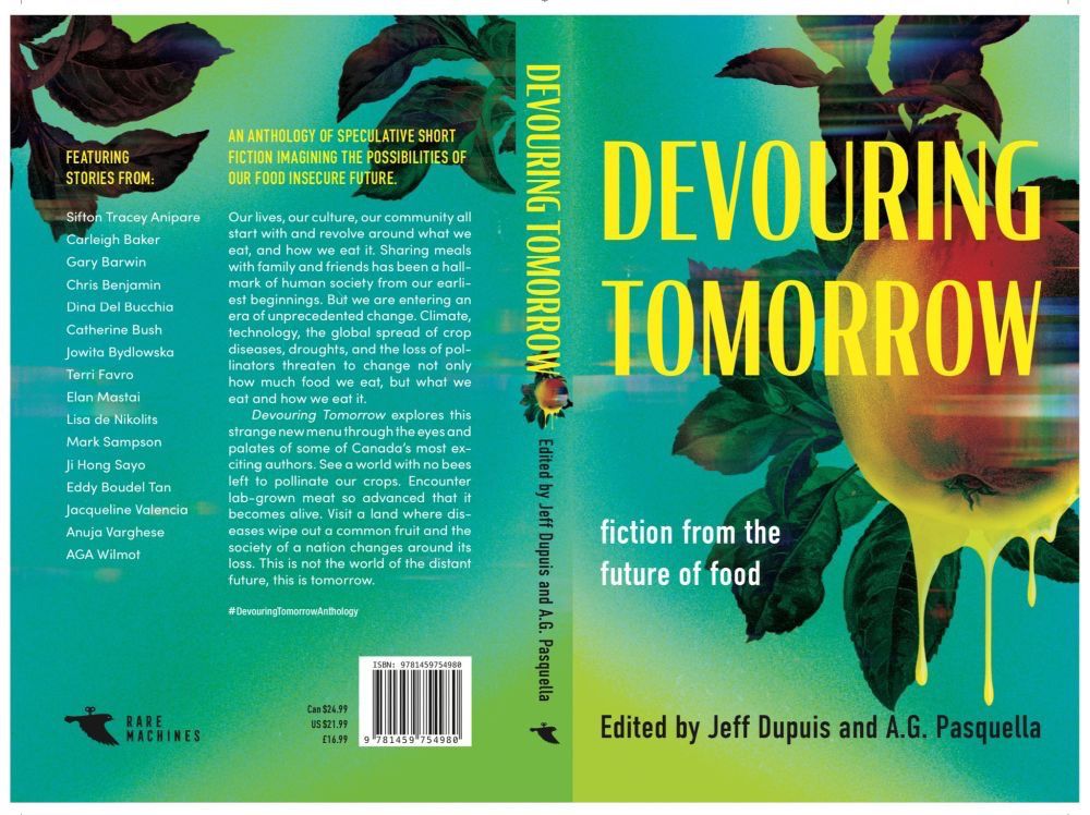 The front and back cover of DEVOURING TOMORROW. The front cover is light green with a yellow title font and a “glitchy” apple dripping fluorescent yellow slime.