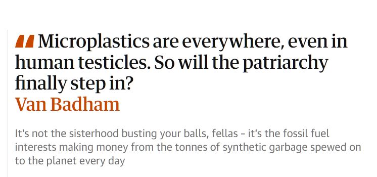 Screenshot from the Guardian
"Microplastics are everywhere, even in human testicles. So will the patriarchy finally step in?
Van Badham

It's not the sisterhood busting your balls, fells - it's the fossil fuel interests making money from the tonnes of synthetic garbage spewed on the planet every day"