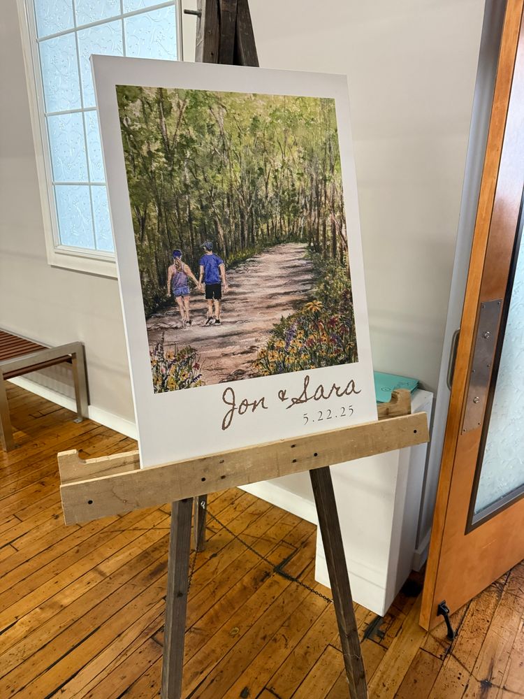 A illustration of Sara and Jon walking through the woods.