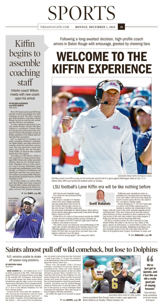 The Advocate sports cover featuring a photo of Lane Kiffin, headline reads: WELCOME TO THE KIFFIN EXPERIENCE 