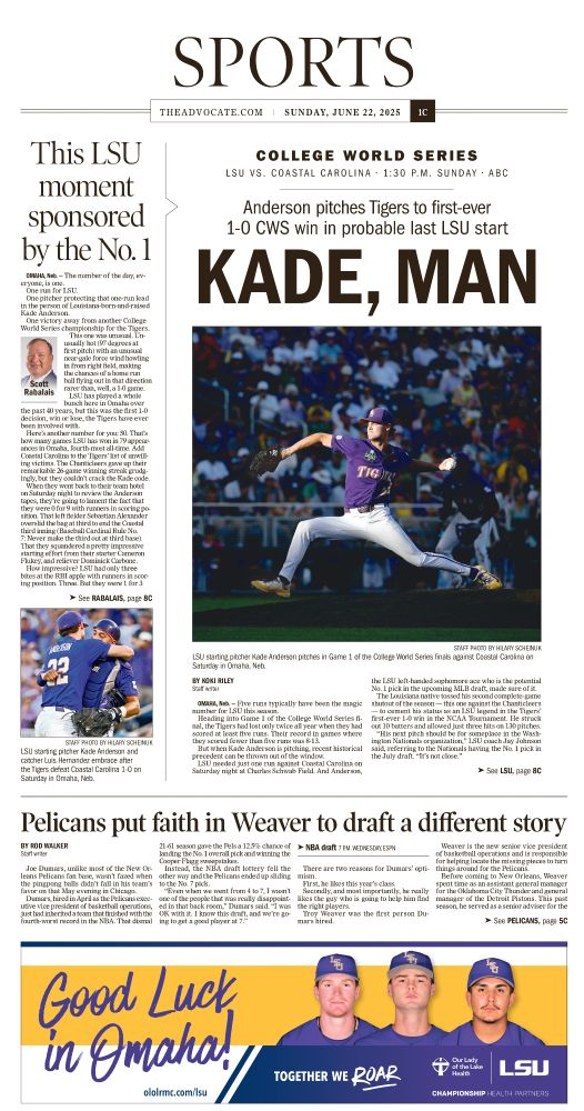 The Advocate Sports cover featuring a photo of pitcher Kade Anderson 