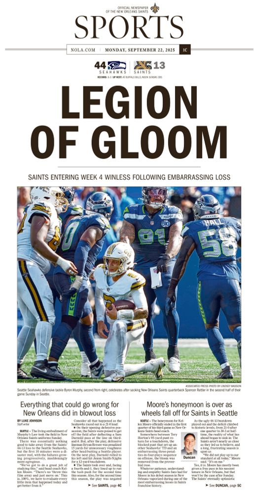Sports cover headline: LEGION OF GLOOM featuring a photo of QB Rattler after getting sacked 