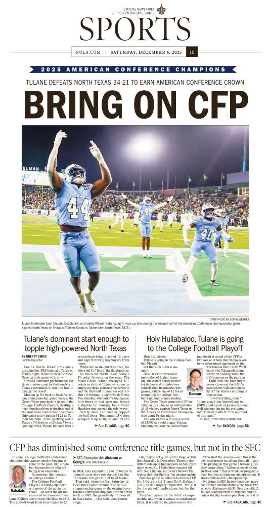 Times-Pic sports cover, headline: BRING ON CFP featuring a photo of hyped up Tulane players 