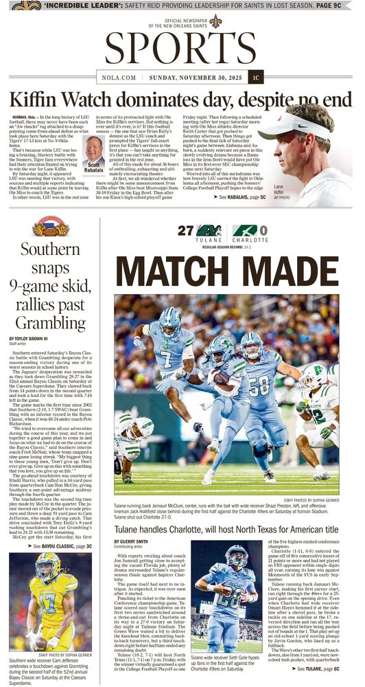 Times-Pic sports cover, centerpiece is Tulane football with headline: MATCH MADE 