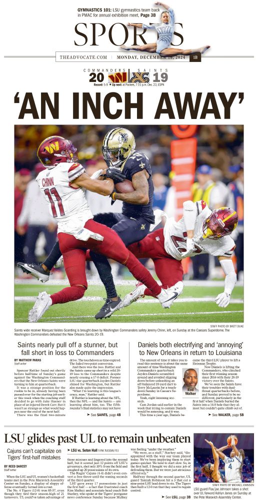 Sports cover featuring photo of Saints WR Marquez Valdes-Scantling being taken down by Commanders with headline 'AN INCH AWAY'

Story and photo of LSU women's basketball 

LSU gymnast Haleigh Bryant gracefully flies over the sports masthead 