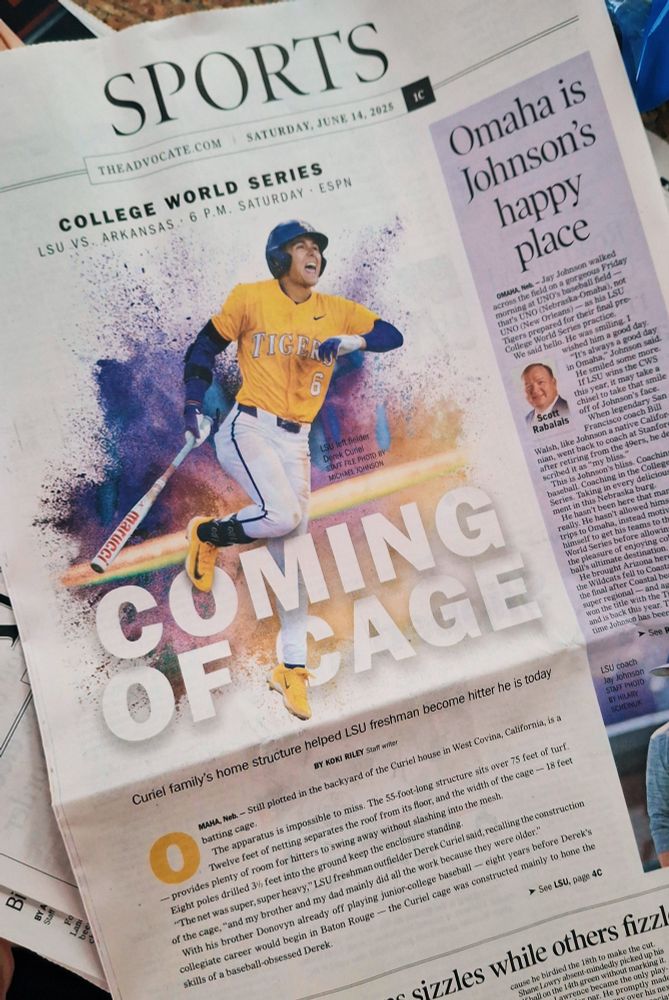 The Advocate sports section cover with an illustration of LSU freshman Derek Curiel