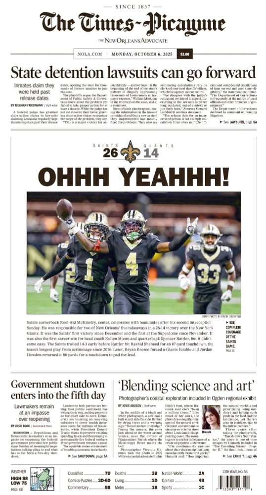 Times-Picayune newspaper cover featuring a photo of New Orleans' Saints Kool-Aid McInstry celebrating after a play 
Headline reads: OHHH YEAHHH! 