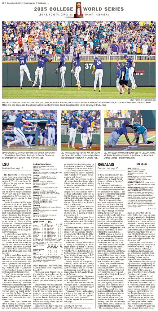 The Advocate sports inside page with photos from the College World Series in Omaha