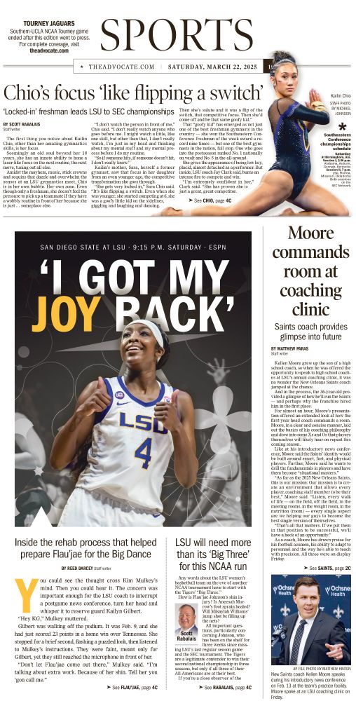 The Advocate sports cover featuring LSU gymnast Kaylin Chio and LSU hoops star Flau'jae Johnson 