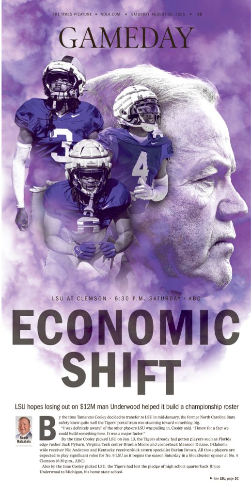 Gameday cover featuring an illustration of Brian Kelly and three transfers in a purple cloud of chaaaaange 