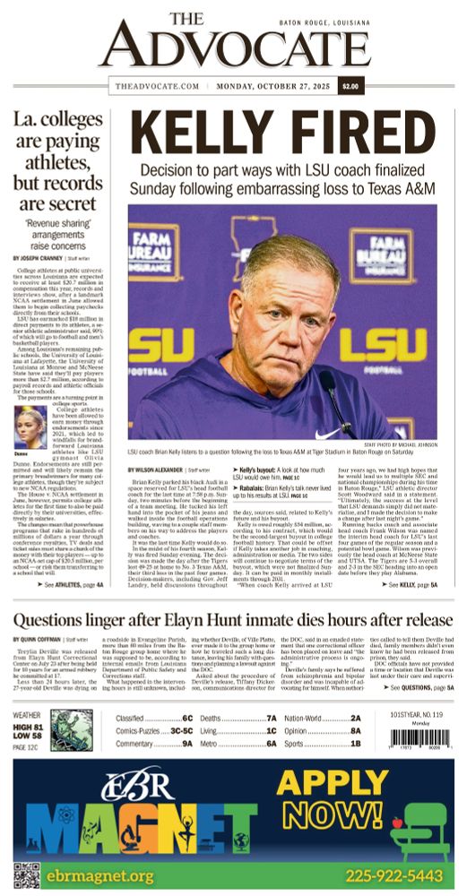 The Advocate newspaper 1A cover: KELLY FIRED 
Photo of a zoned-out Brian Kelly at a news conference following LSU's loss to Texas A&M Saturday 