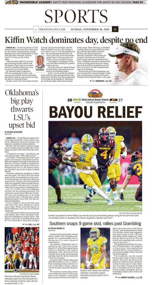 Advocate sports section featuring Bayou Classic 