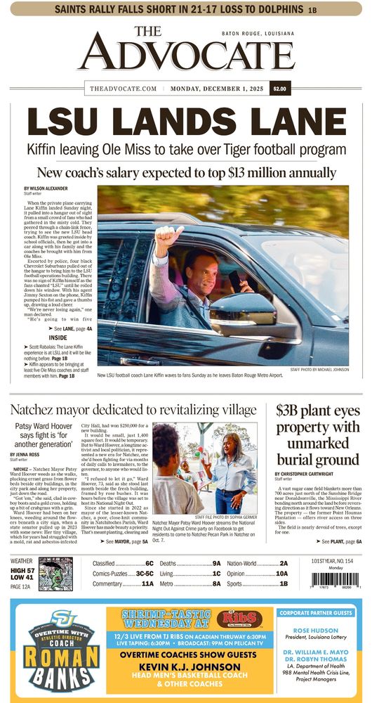 Advocate newspaper cover. Headlline reads: LSU LANDS LANE