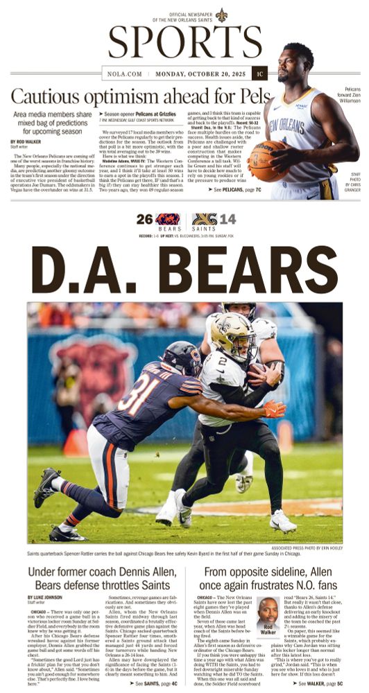 Times-Pic sports cover featuring a photo of Saints QB Spencer Rattler getting tackled by a Bears player
Headline: D.A. Bears (a play on DA BEARS and Dennis Allen)  

Top of the page features a cutout of Zion Williamson
Headline: Cautious optimism ahead for Pels