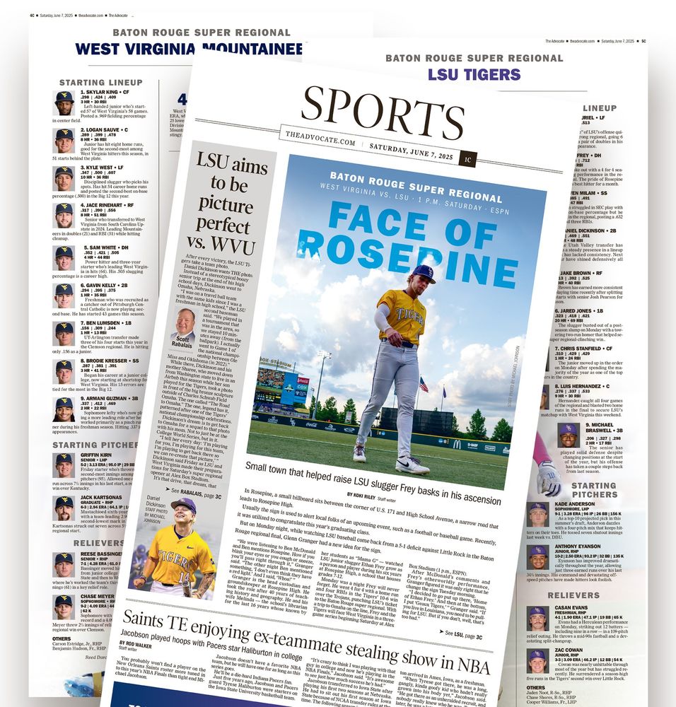 Three NCAA Baton Rouge Super Regional preview pages from The Advocate sports section