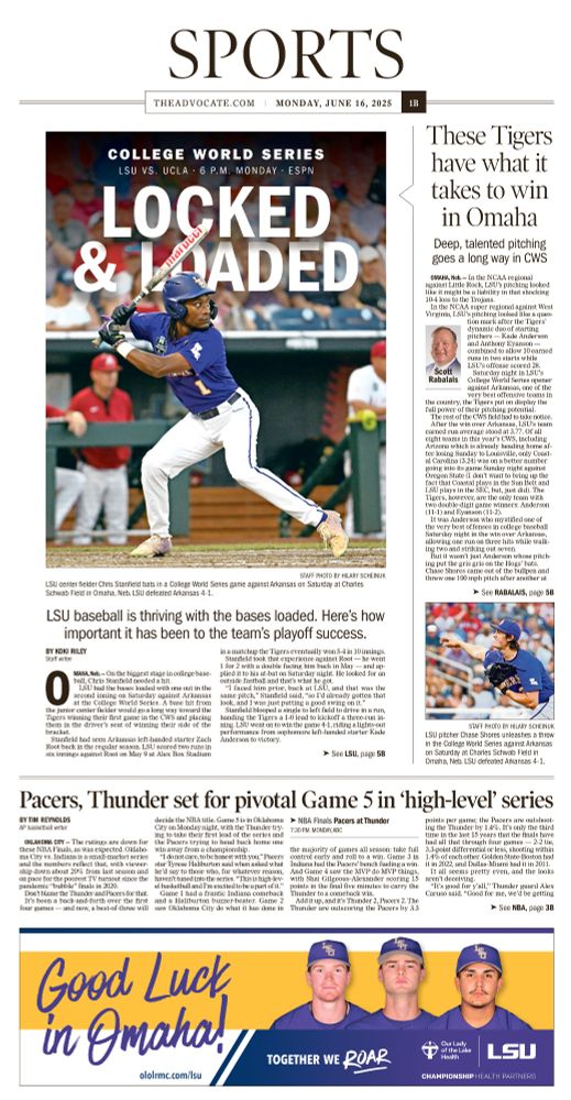 The Advocate sports cover featuring LSU player Chris Stanfield at bat 