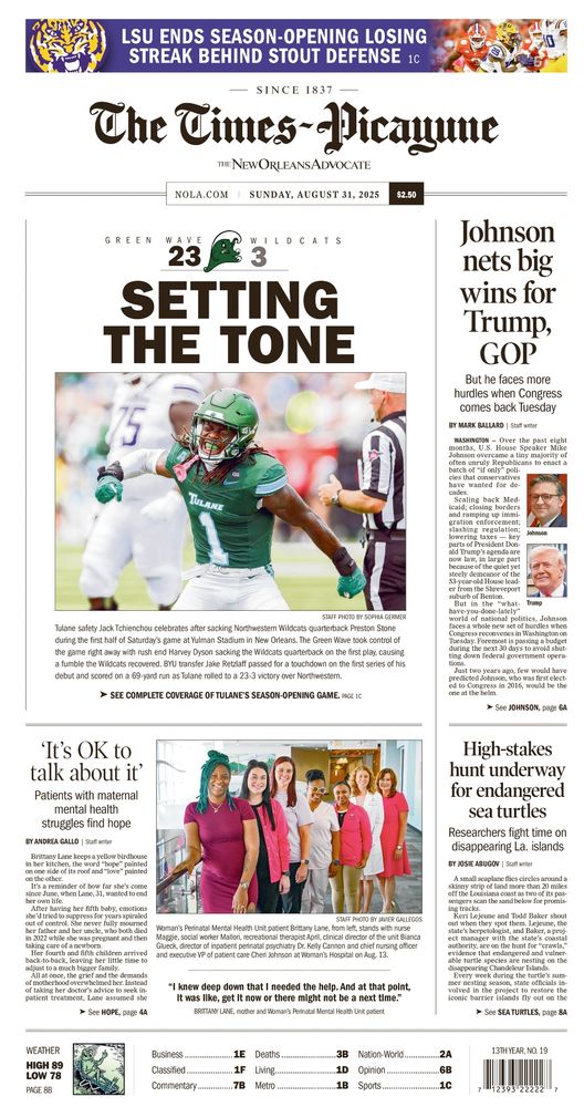Times-Picayune sports cover featuring the Tulane 