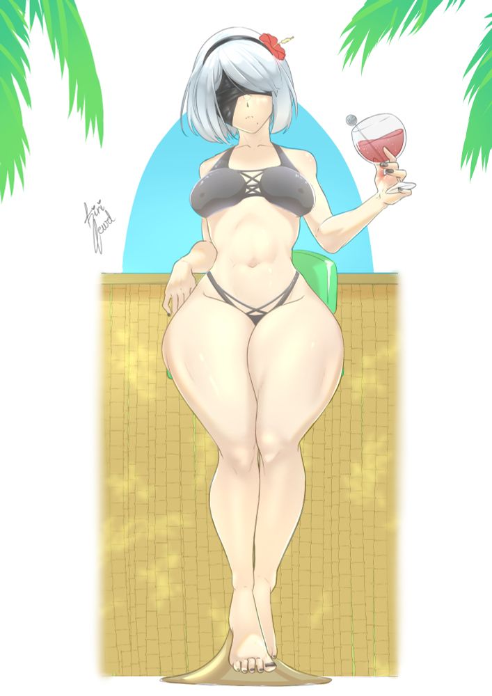 2B on a lounge, holding a glass full of red liquid. She is sporting a black bikini.