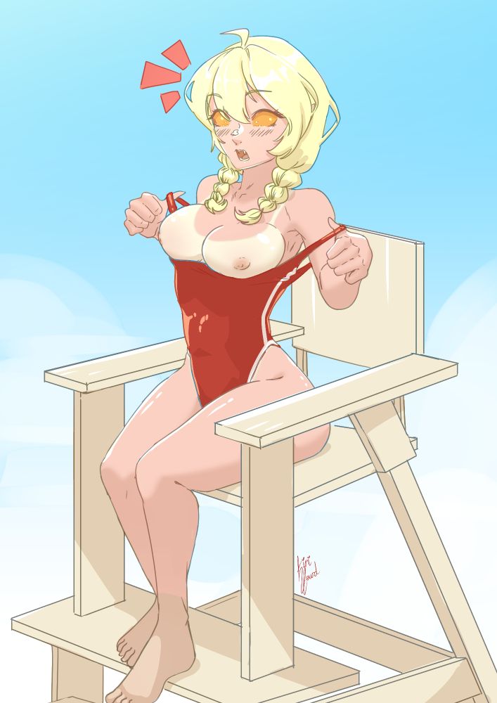 Drawing of a girl with blonde hair and completely orange eyes, on a lifeguard chair wearing a lifeguard swimsuit.
She is moving the swimsuit at one side making her chest visible, and showing how much she has burnt under the sun.
