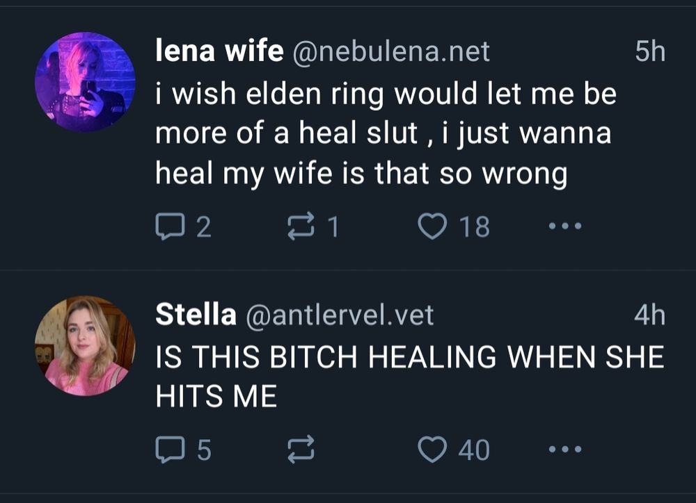 My timeline, where Lena posts "I wish Elden ring would let me be more of a heal slut, I just wanna heal my wife is that so wrong" immediately above Stella saying "IS THIS BITCH HEALING WHEN AHE HITS ME"