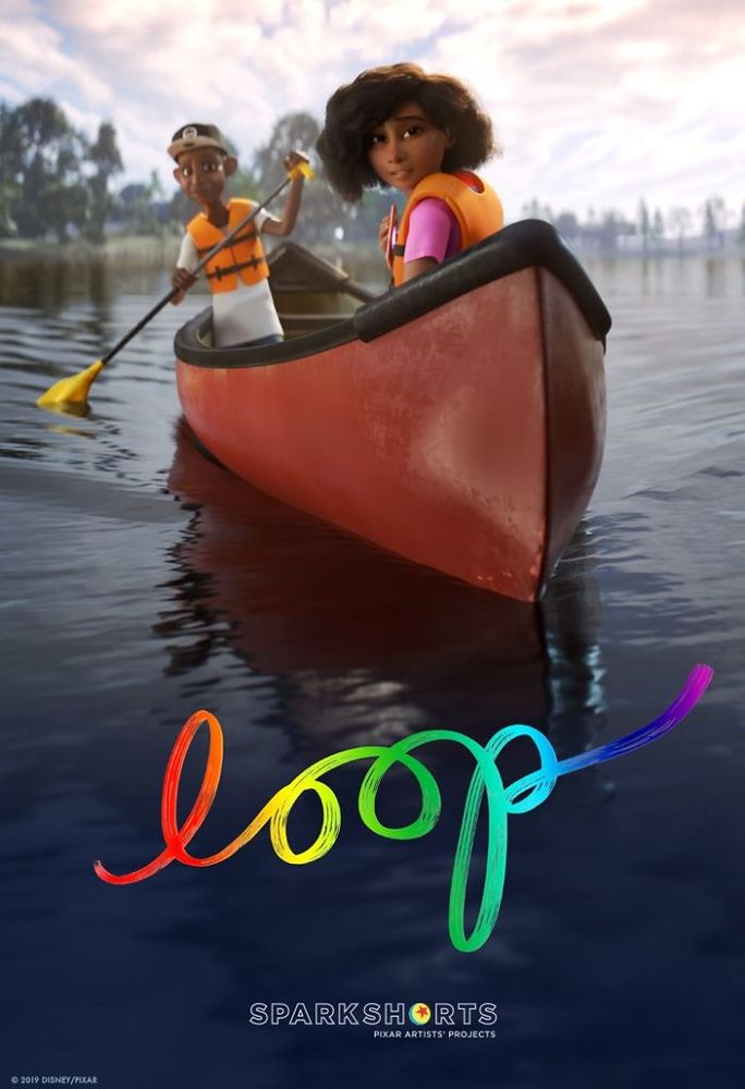 A poster for the short film ‘Loop’ - two Black children, a boy and girl, sit in a canoe on the water with life jackets on. The boy rows with a paddle and the girl holds a smart device. The word “loop” is written in rainbow cursive.