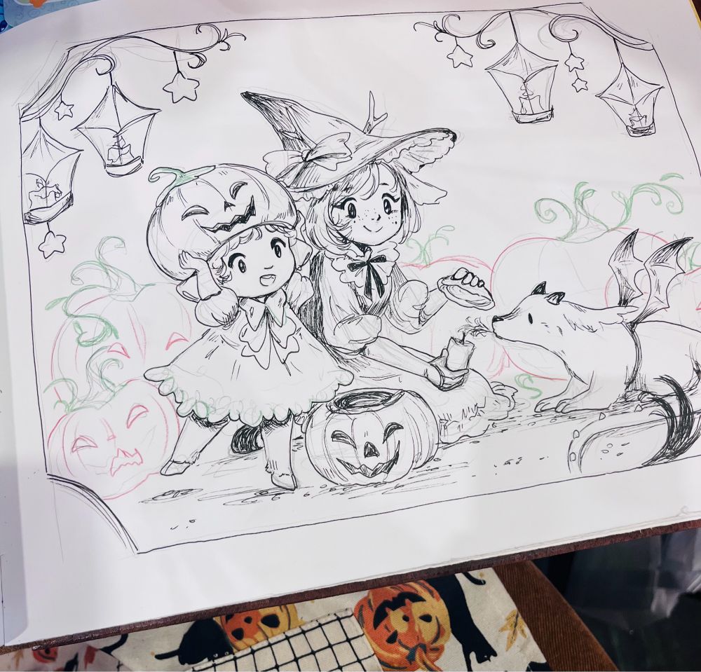 Lineart of an Illustration of a lamb character, a deer character and a little dragon lighting pumpkin candles.