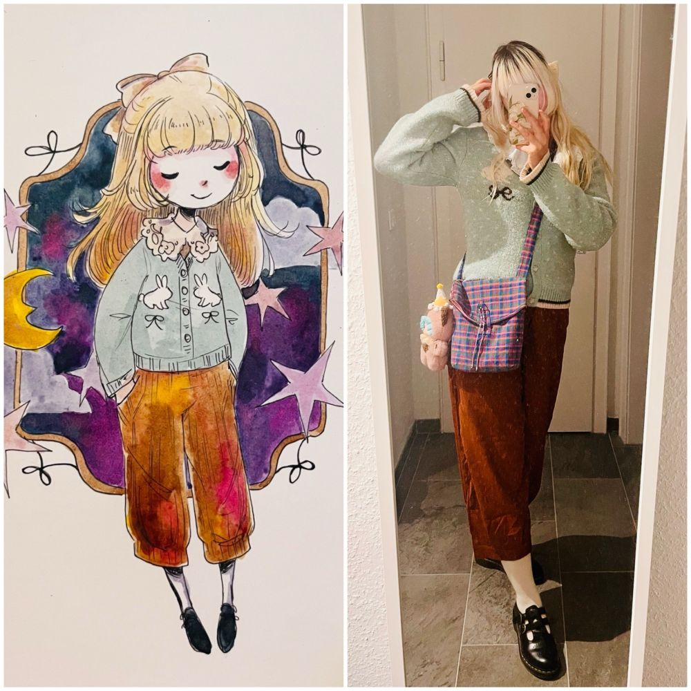 On the left a drawing of a girl wearing a bunny sweater and brown pants, a bow in her blonde hair. Her eyes are closed. On the right you can see the same girl with the Same Outfit, but it‘s a mirror selfie, not a drawing.