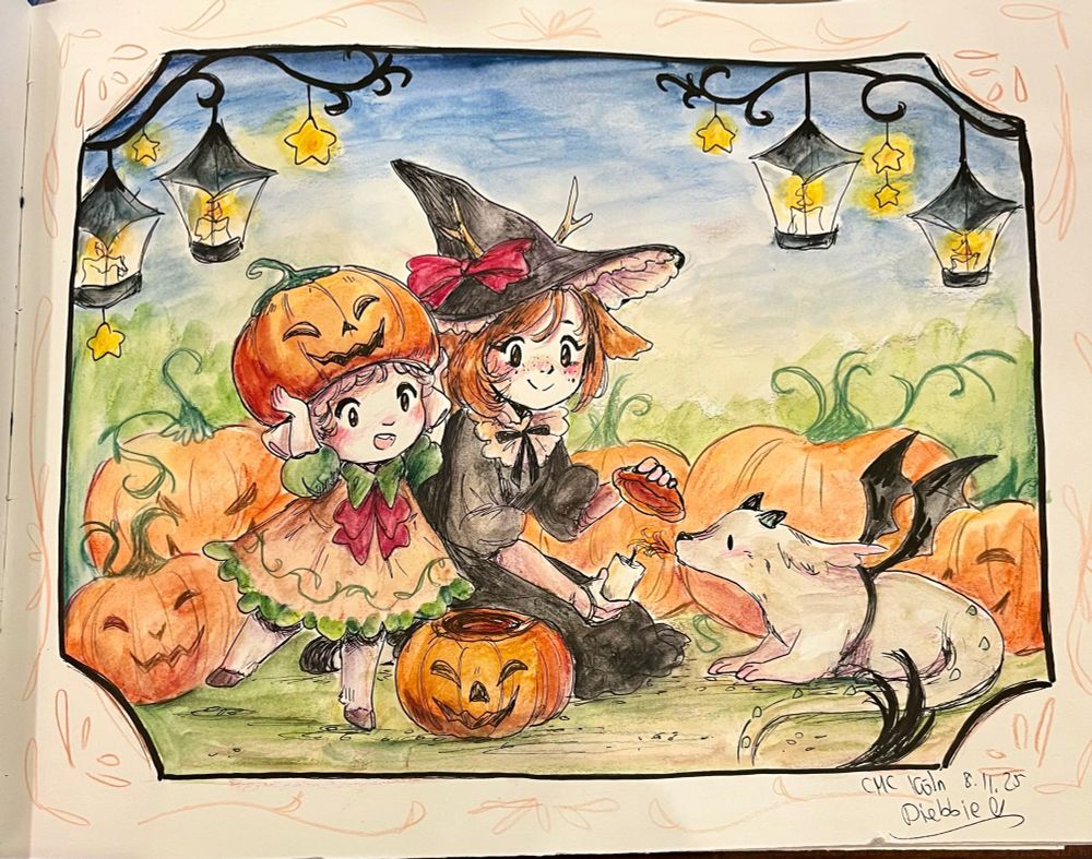 Illustration of a lamb character, a deer character and a little dragon lighting pumpkin candles.