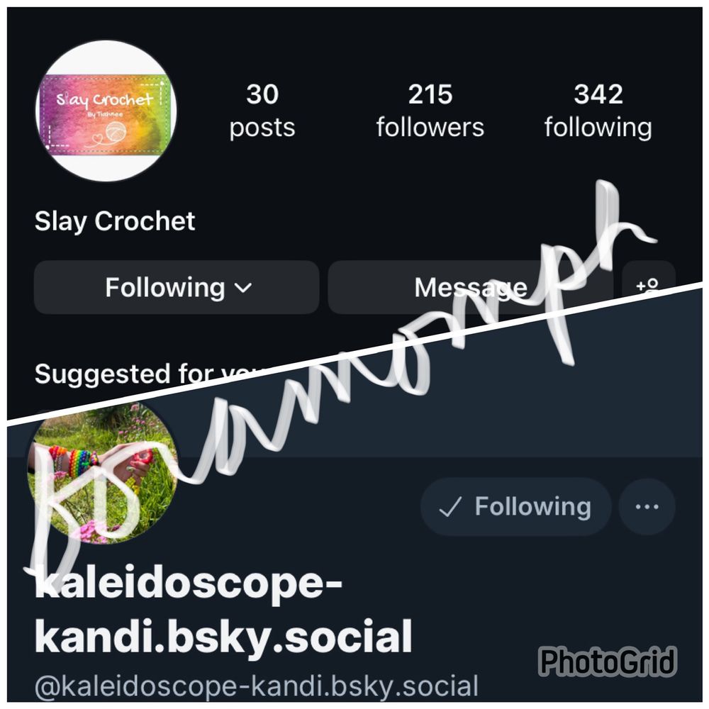 Screenshot showing I followed Slay Crochet on IG and Kaleidoscope-kandi on Bluesky