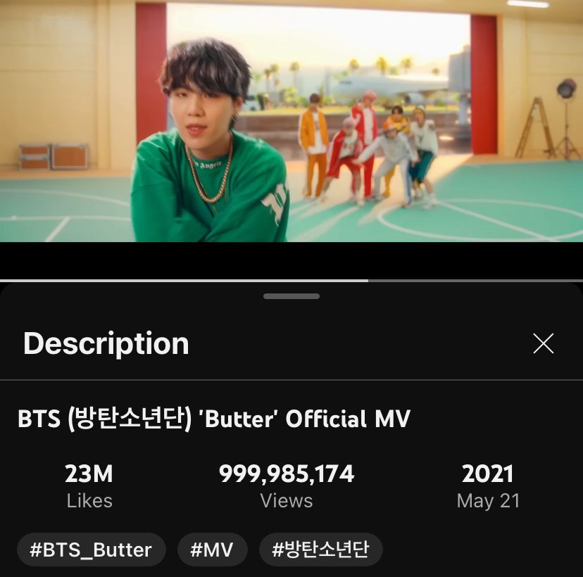Screenshot of the Butter MV of BTS showing it is less than 15k away from 1 billion views
