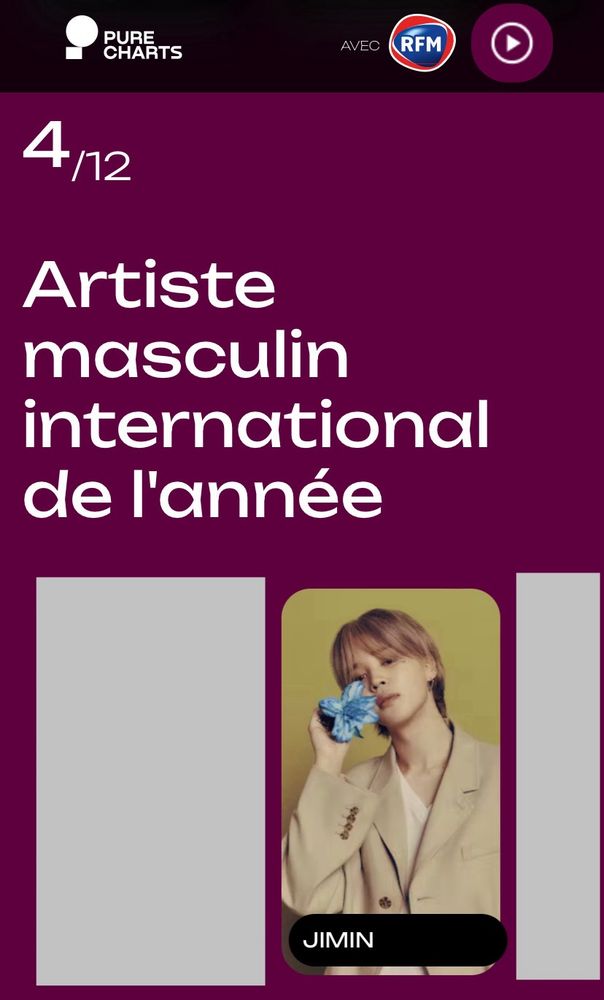 Jimin is nominated under the International Male Artist of the Year category at the Purecharts Awards