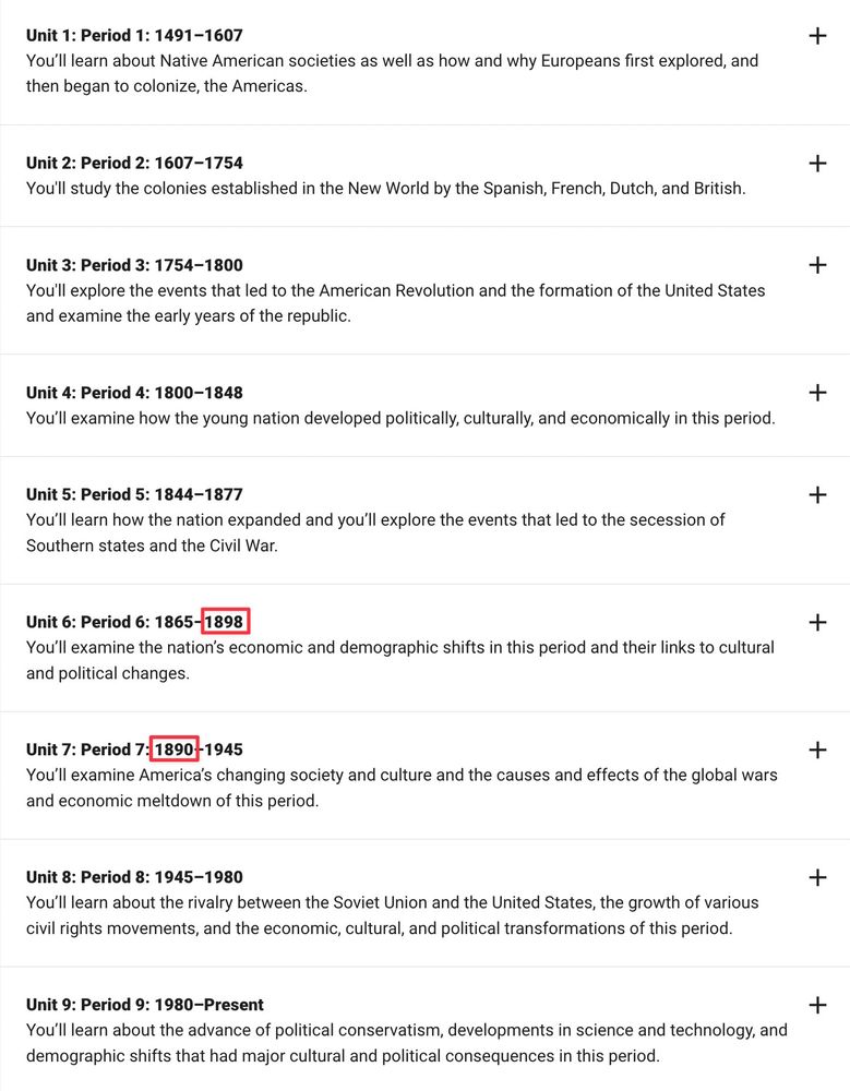 The list of units of AP United States History, with "1898" (the end of Unit 6) and "1900" (the start of unit 7) highlighted.