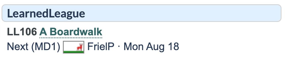 LearnedLeague Web page, showing FrielP as the opponent for match day 1.