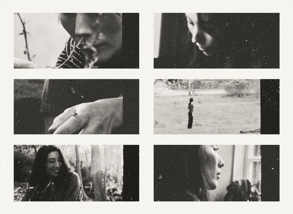 fanart from season 2 episode 2 of severance, created by dan erickson and produced by ben stiller - episode title is chikhai bardo, directed by jessica lee gagné - a series of 6 grainy, black and white stills taken from film. all stills feature gemma scout, played by dichen lachman. they are mostly out of focus and very in-the-moment - washing dishes, tending the garden, holding a ladybug - they are memories of gemma, being revisted by mark scout as he reintegrates from the severance procedure.