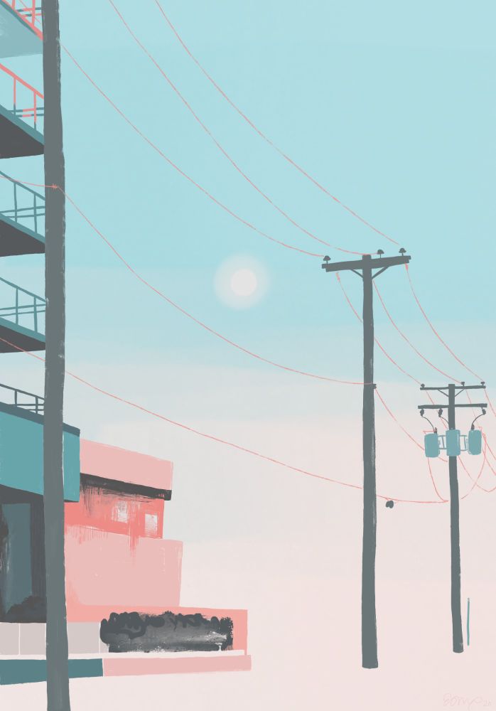 rough sketch-like image of an apartment building, beside a smaller building. three power poles line the non-existant road. the color palette is pastel light reds/pinks and light blues/turquoises.