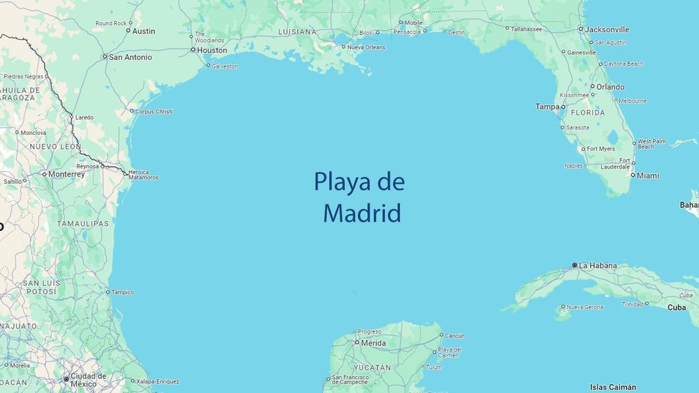 El golfo de México renombrado como playa de Madrid de forma cómica.