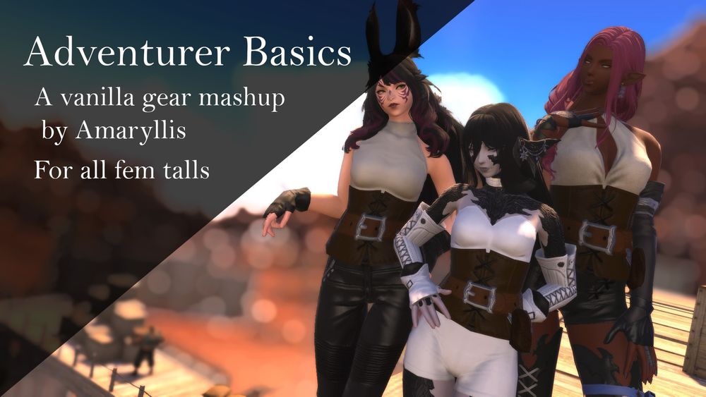 A viera, au ra, and elezen wearing a halter top, sweetheart neckline top, and halter top with a keyhole. All with a brown corset with a belt + bag on top.