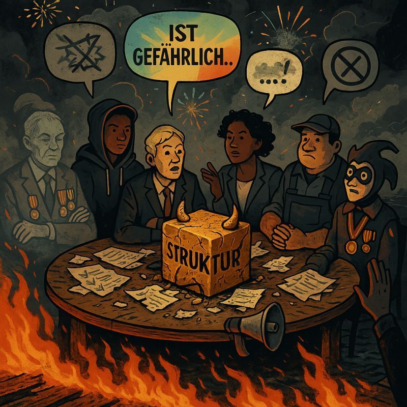 Bild KI generiert mit Themen als Prompt:
• Marketing und Zertifizierungsmaschine?
• Unsichtbarkeit für 50+ ohne supergeniale Punkte im Lebenslauf?
• Fix vorgeschriebene Strukturen in Frameworks
• Die aktuelle Struktur ist der Teufel und war vorher die heilige Kuh
• Böse wer Risiken benennt
• Management wie bei Fords Marketing Zitat? „Fünfzig Prozent bei der Werbung sind immer rausgeworfen. Man weiß aber nicht, welche Hälfte das ist.“
• Neuausrichtung, wenn man auf einer Burning Plattform arbeitet?
• Mit radikalen Worten aufwühlen 
