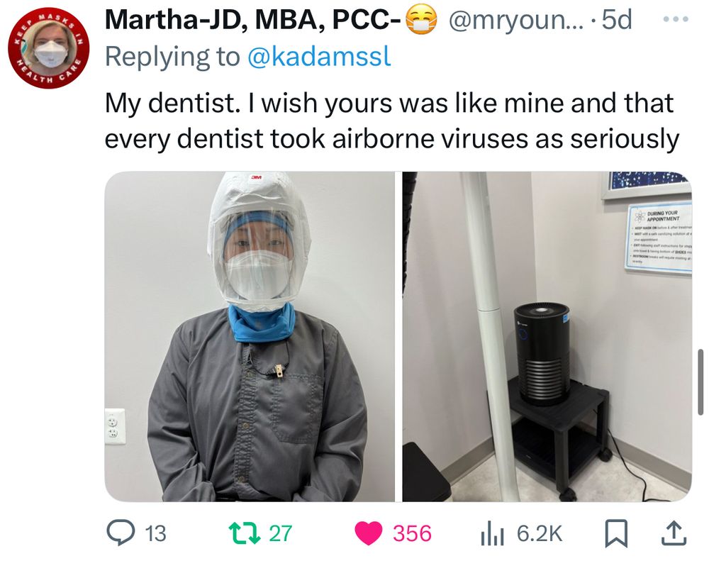 Tweet from user @mryoung151 showing her dentist in a full PAPR with N95 respirator and an air filter in their office 