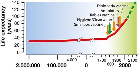 Chart displaying the change in human life expectancy over time, spanning from approximately 2.5M years ago to 2100 (projected). For most of civilization, living past 30 was rare until around the mid 1700s