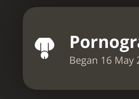 A partial screenshot of the Sobo app, showing part of a pornography sobriety tracker. There’s a two-dimensional icon that resembles the shape of a penis and testicles.