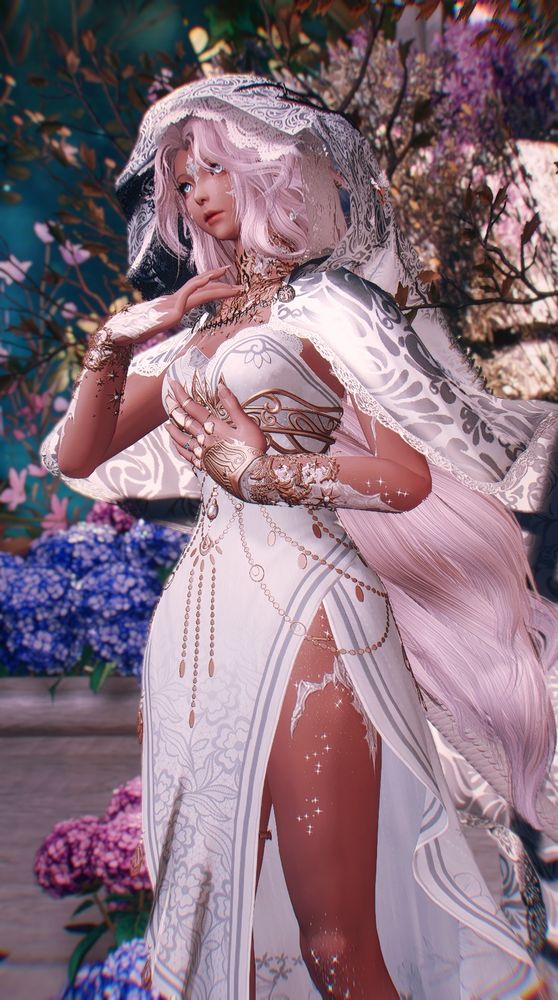 Hooded pink-haired au ra lady in white and gold, in front of florals.