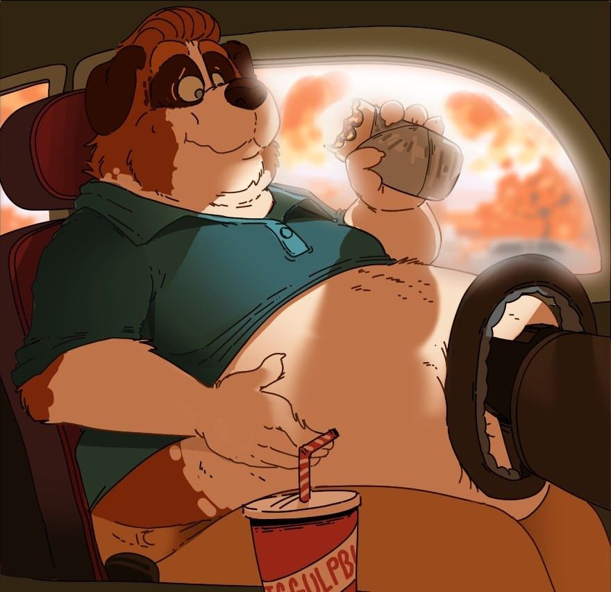 Fat anthropomorphic St Bernard eating lunch in his car