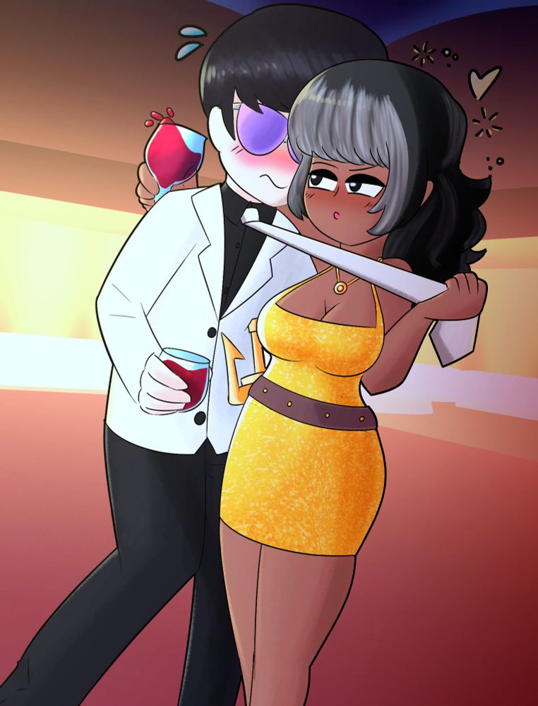 Alma Belgrave, in the gold dress, hangs onto her best friend, Brian Cheung, by grabbing his necktie, while he blushes. Both have drinks in their hand.