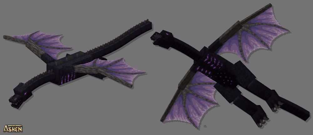 And Enderdragon from Minecraft, with custom textures giving her dark scales, purple wing membranes, and glowing spots. Two viewing angles, one from above and one from below.