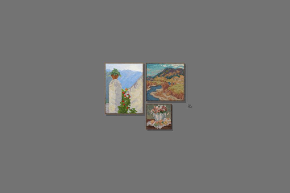 Three pixelated paintings on a grey background.

Clockwise from the top left, a column supporting a potted plant in front of a mountainscape; a Vermont landscape in autumn; and a still life with fruit and flowers